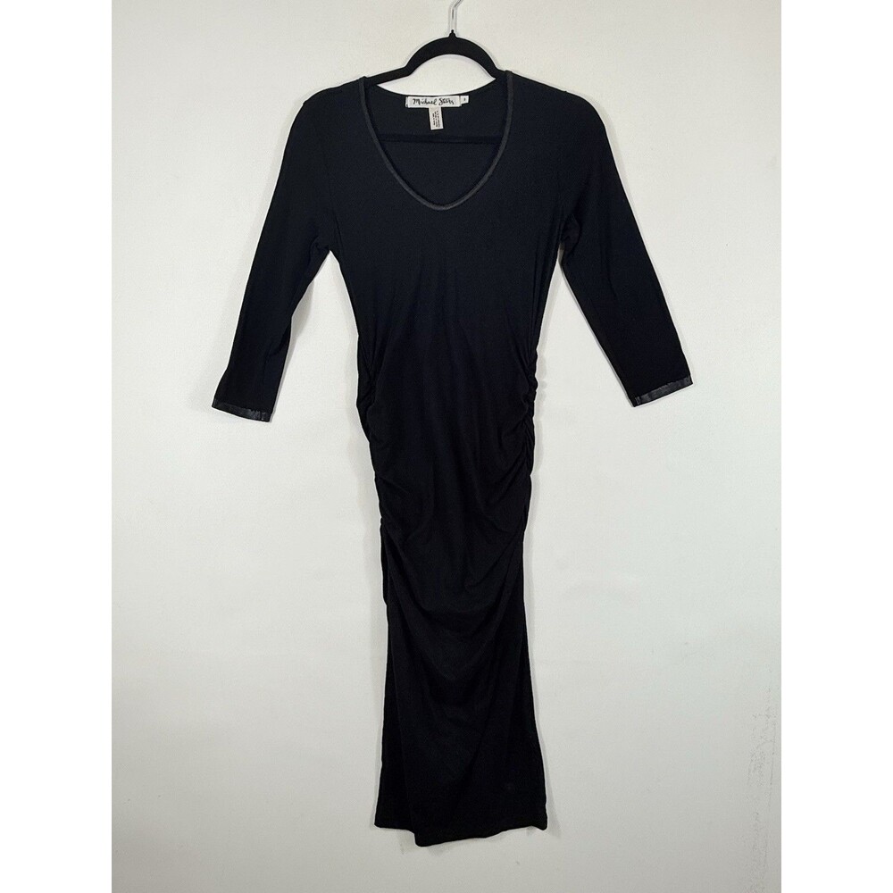 Michael Stars Womens Small Black Midi Side Ruched Bodycon Knit 3/4 Sleeve‎ Dress